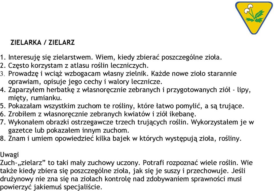 Pokazałam wszystkim zuchom te rośliny, które łatwo pomylić, a są trujące. 6. Zrobiłem z własnoręcznie zebranych kwiatów i ziół ikebanę. 7. Wykonałem obrazki ostrzegawcze trzech trujących roślin.