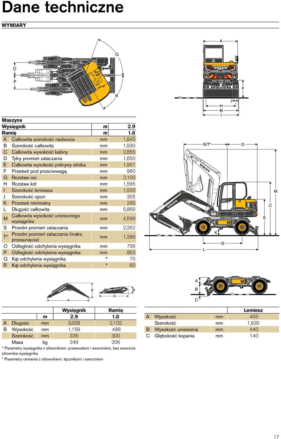 Prześwit pod przeciwwagą mm 960 G Rozstaw osi mm 2,100 H Rozstaw kół mm 1,595 I Szerokość lemiesza mm 1,930 J Szerokość opon mm 305 K Prześwit minimalny mm 295 L Długość całkowita mm 5,869 M