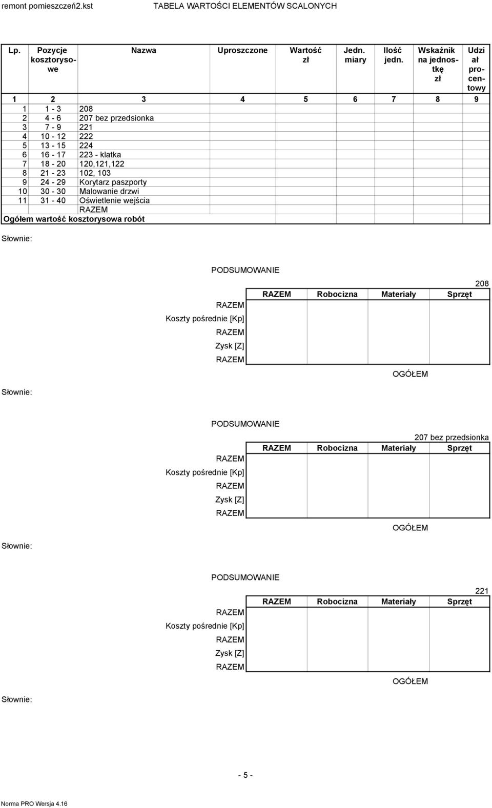 7 18-20 120,121,122 8 21-23 102, 103 9 24-29 Korytarz paszporty 10 30-30 Malowanie drzwi 11 31-40 Oświetlenie wejścia Ogółem wartość