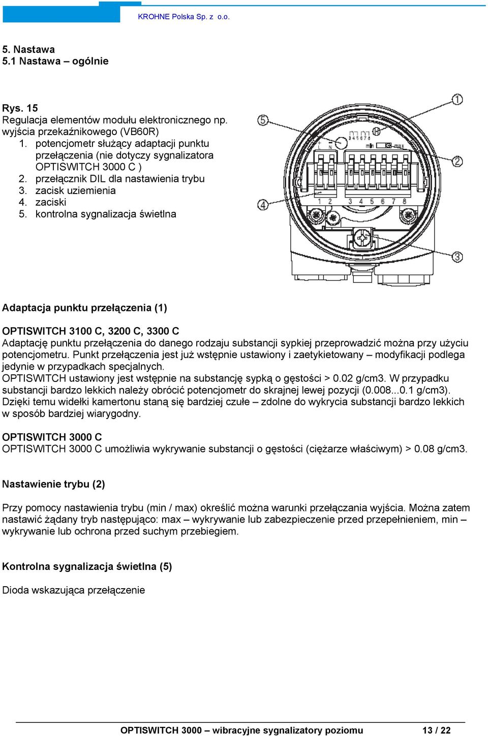 kontrolna sygnalizacja świetlna Adaptacja punktu przełączenia (1) OPTISWITCH 3100 C, 3200 C, 3300 C Adaptację punktu przełączenia do danego rodzaju substancji sypkiej przeprowadzić można przy użyciu