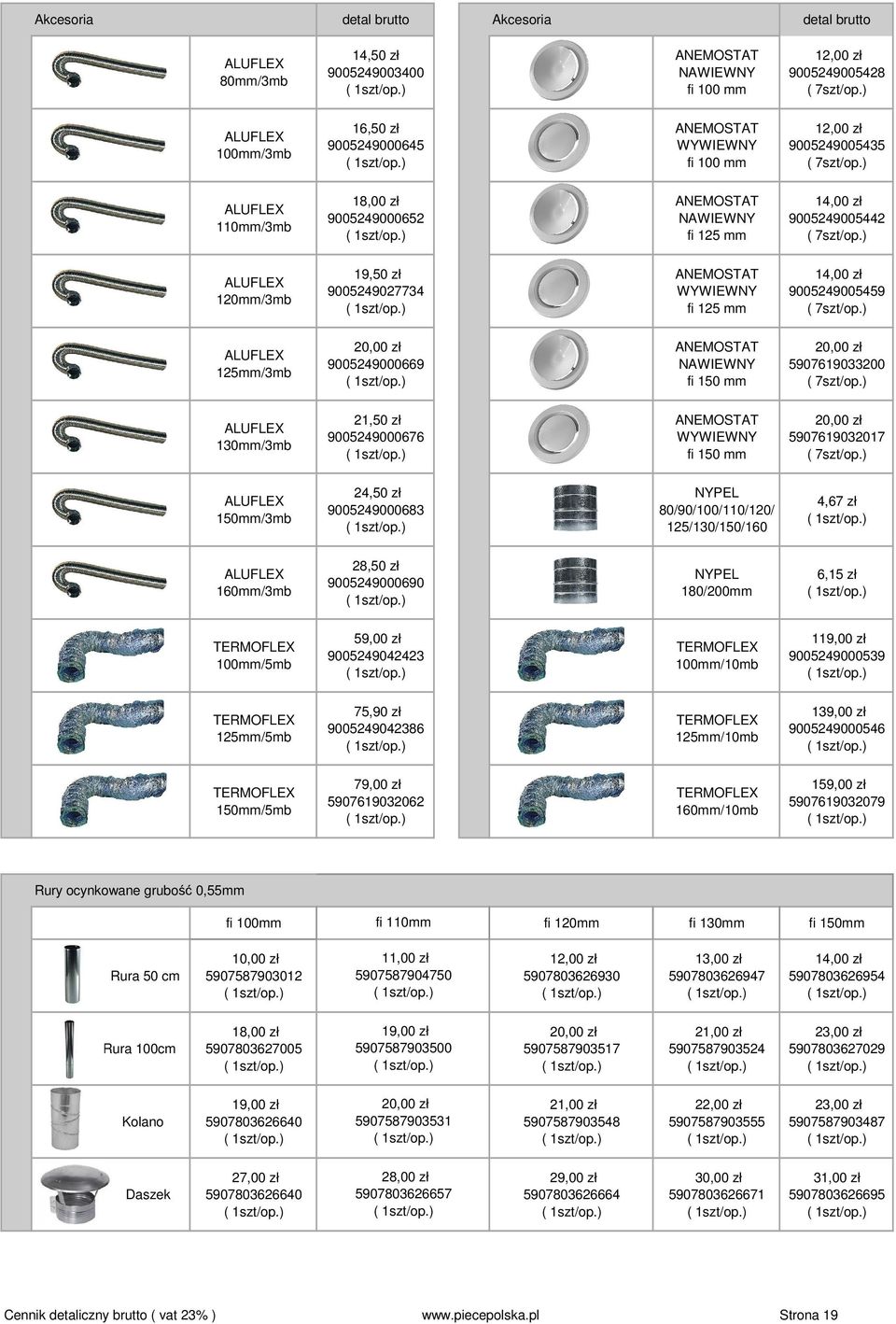 ) ALUFLEX 110mm/3mb 18,00 zł 9005249000652 ANEMOSTAT NAWIEWNY fi 125 mm 14,00 zł 9005249005442 ( 7szt/op.