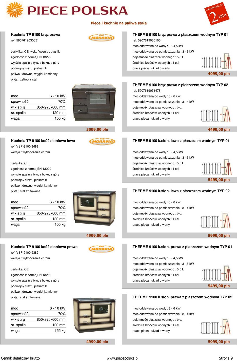 9100 brąz prawa z płaszczem wodnym TYP 02 ref. 5907619031478 6-10 kw oddawana do wody : 3-6 kw sprawność 70% oddawana do pomieszczenia : 3-4 kw w x s x g 850x920x600 mm pojemność płaszcza wodnego : b.