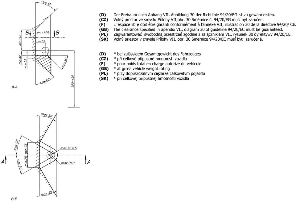 (GB) The clearance specified in apendix VII, diagram 30 of guideline /20/EC must be guaranteed. (PL) Zagwarantować swobodną przestrzeń zgodnie z załącznikiem VII, rysunek 30 dyrektywy /20/CE.