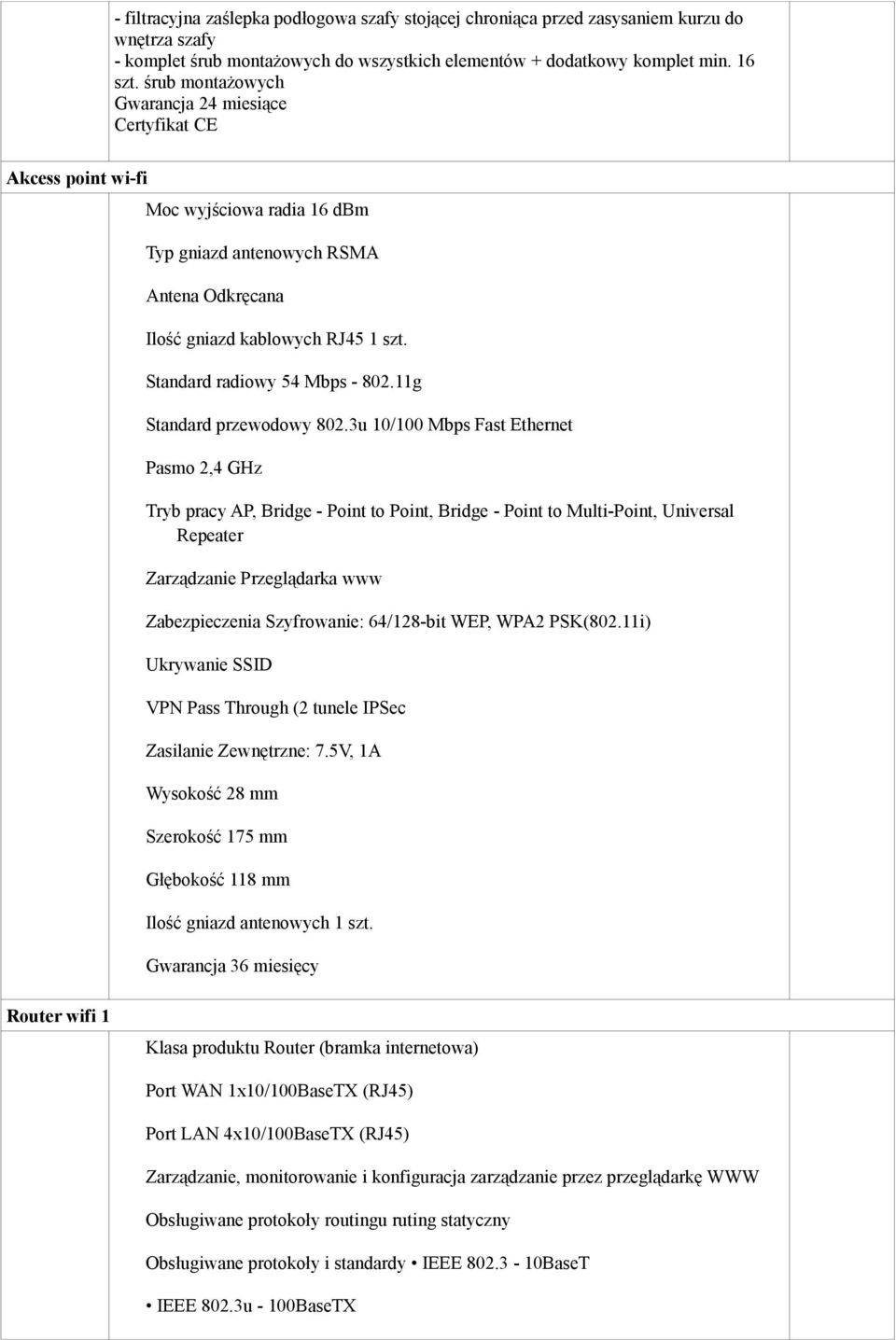 Standard radiowy 54 Mbps - 802.11g Standard przewodowy 802.