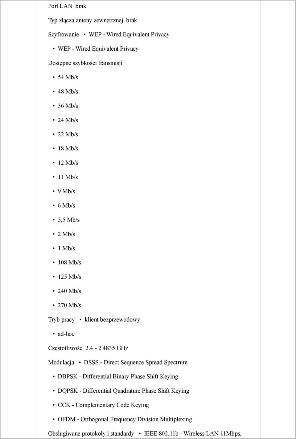 ad-hoc Częstotliwość 2.4-2.