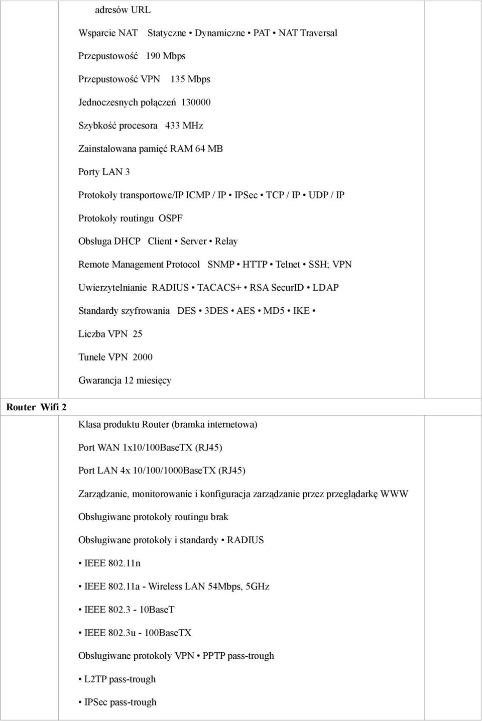 Uwierzytelnianie RADIUS TACACS+ RSA SecurID LDAP Standardy szyfrowania DES 3DES AES MD5 IKE Liczba VPN 25 Tunele VPN 2000 Gwarancja 12 miesięcy Router Wifi 2 Klasa produktu Router (bramka