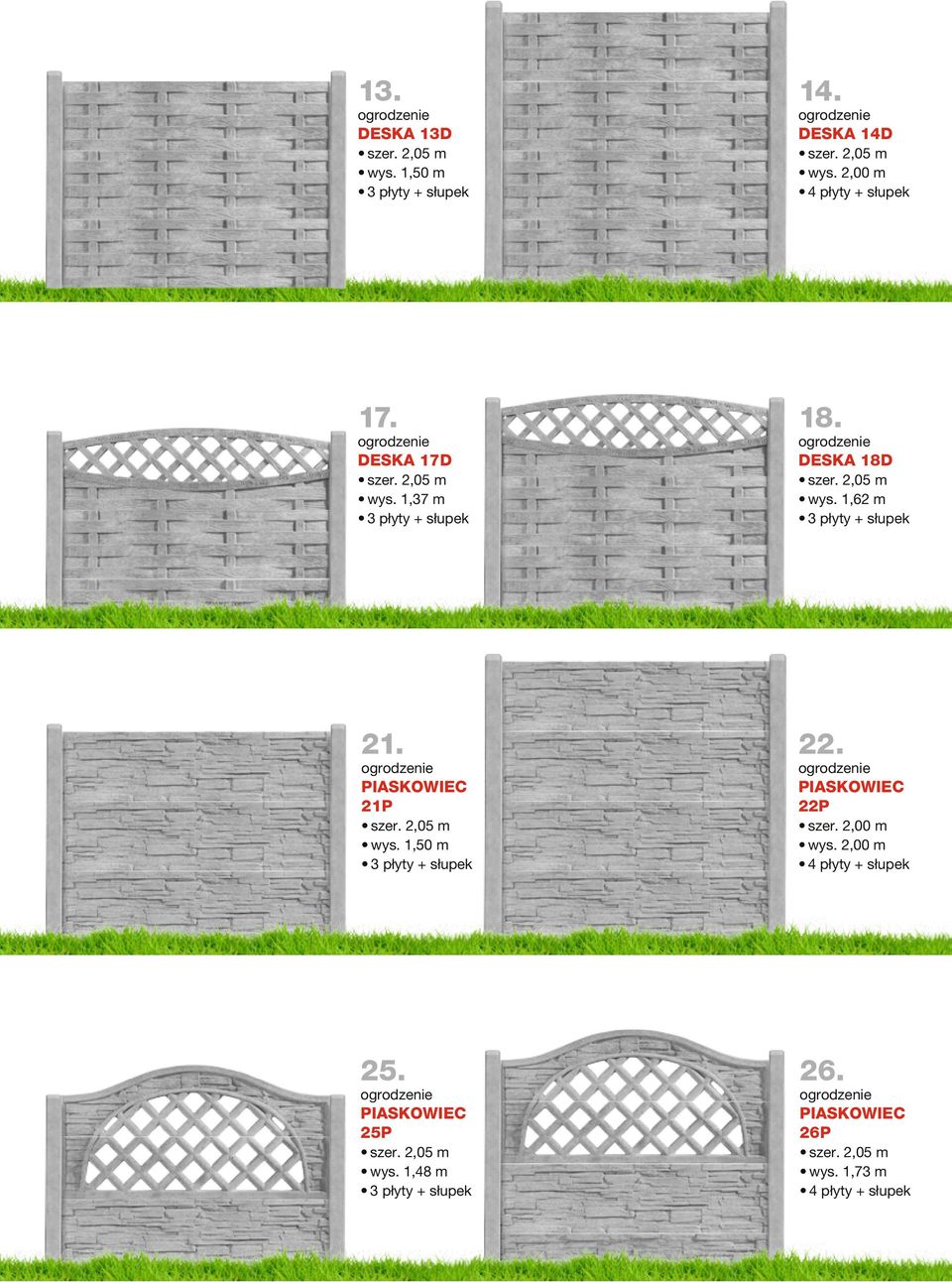 21P wys. 1,50 m 22. 22P szer. 2,00 m wys. 2,00 m ogrodzenia-lupane-33d szer. 2,05m, wys. 1,50 m, 3 płyty + słupek 6. ogrodzenia piaskowiec Nr 33f szer. 2,00m, wys.