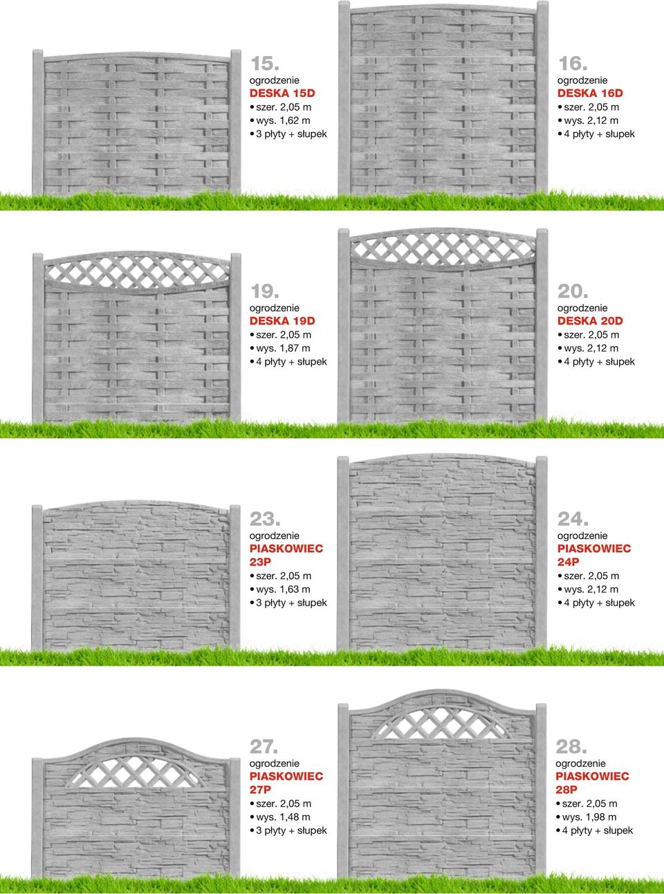 23P wys. 1,63 m 24. 24P wys. 2,12 m ogrodzenia-lupane-33c szer. 2,05m, wys. 1,63 m, 3 płyty + słupek 5. ogrodzenia piaskowiec Nr 33e szer. 2,05m, wys. 2,12 m, 4 płyty + słupek 27.
