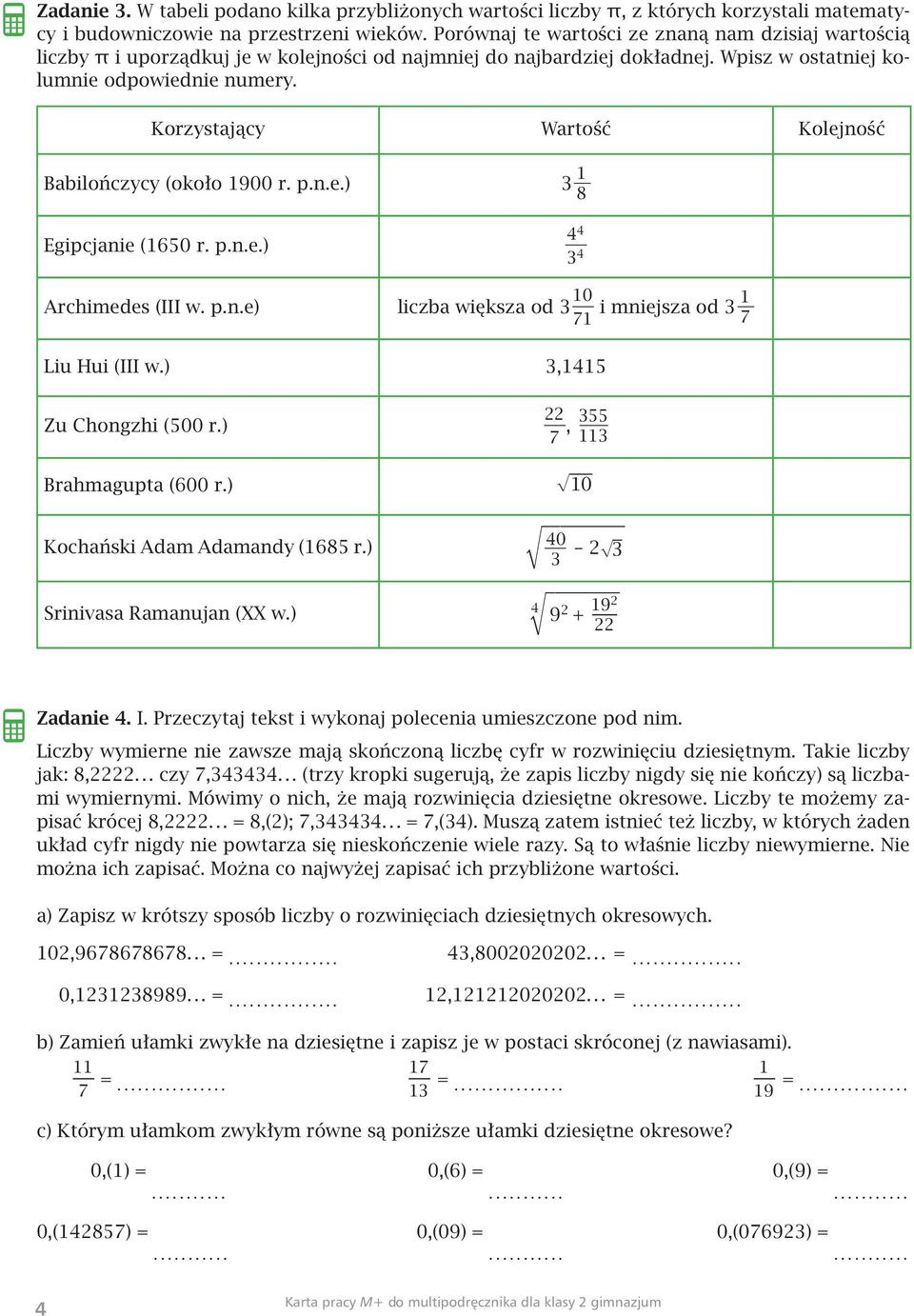 Korzystający Wartość Kolejność Babilończycy (około 1900 r. p.n.e.) 3 1 8 Egipcjanie (1650 r. p.n.e.) 4 4 3 4 Archimedes (III w. p.n.e) liczba większa od 3 10 71 i mniejsza od 3 1 7 Liu Hui (III w.