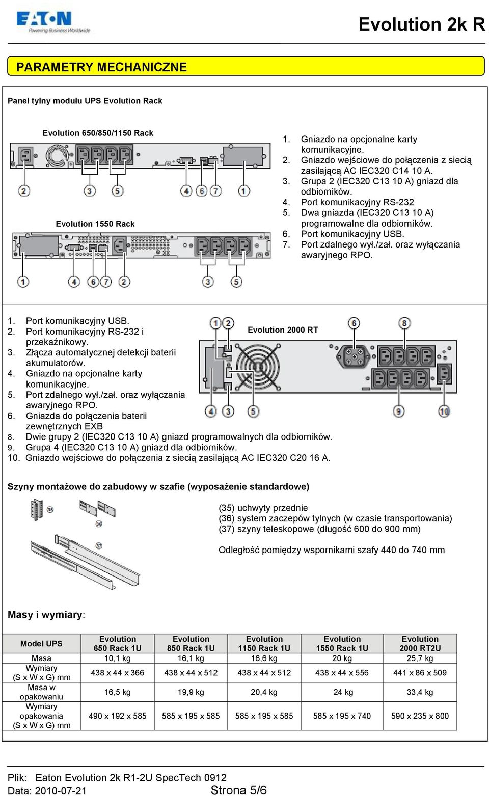 Dwa gniazda (IEC320 C13 10 A) programowalne dla odbiorników. 6. Port komunikacyjny USB. 7. Port zdalnego wył./zał. oraz wyłączania awaryjnego RPO. 1. Port komunikacyjny USB. 2.