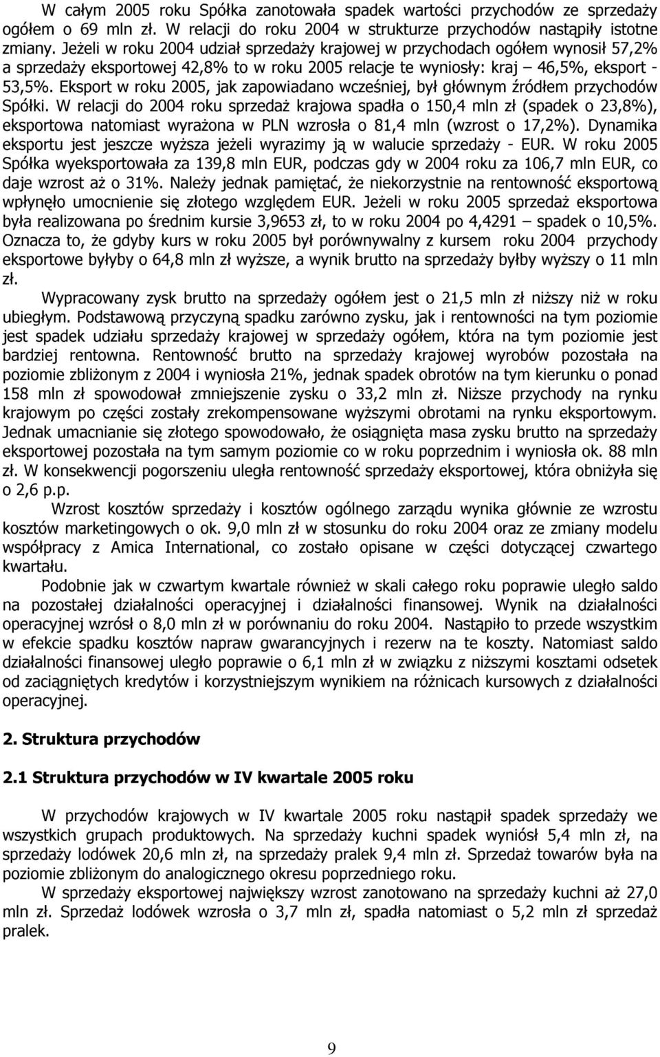 Eksport w roku 2005, jak zapowiadano wcześniej, był głównym źródłem przychodów Spółki.