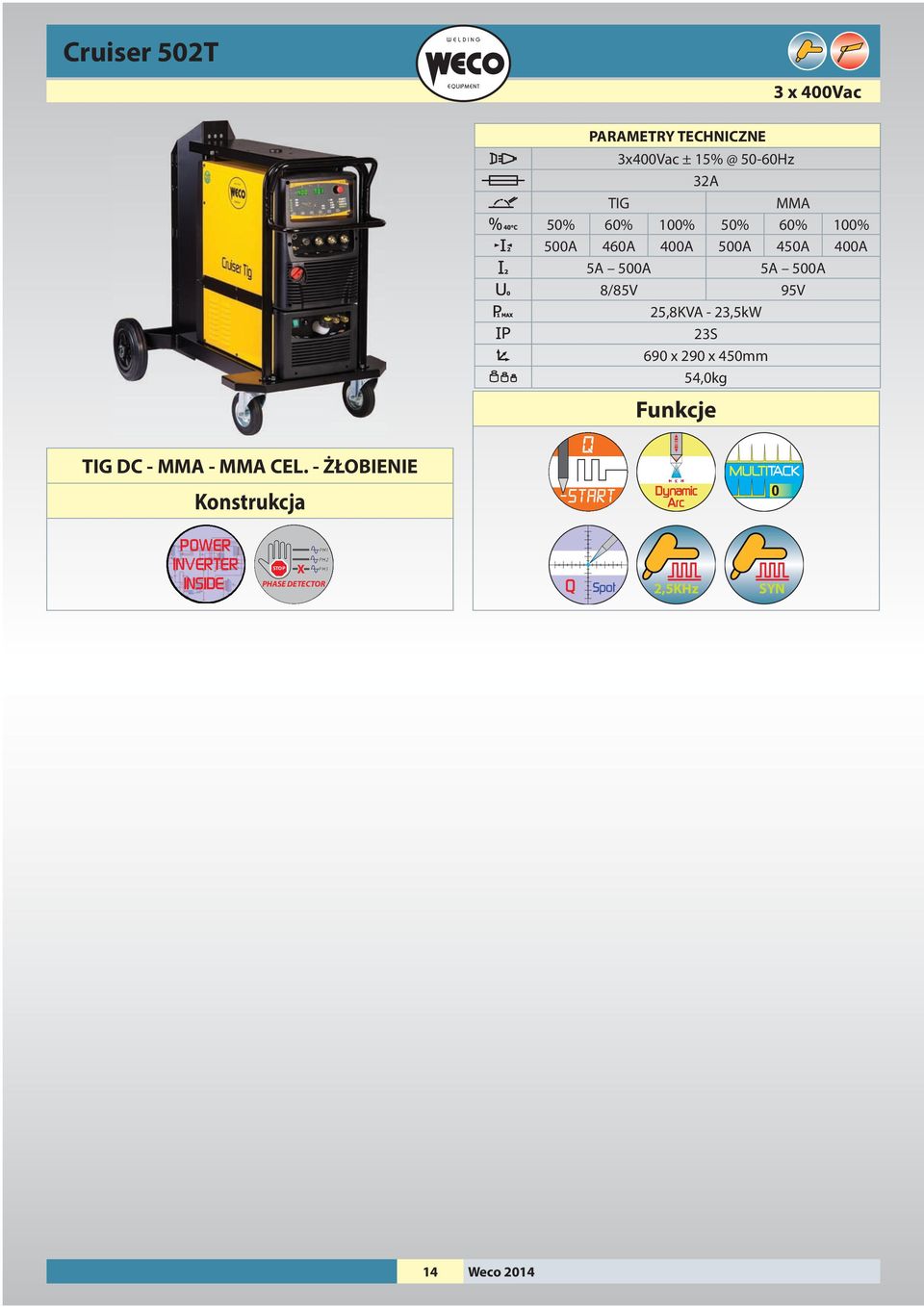 23,5kw 690 x 290 x 450mm 54,0kg TIG DC - MMA - MMA CEL.