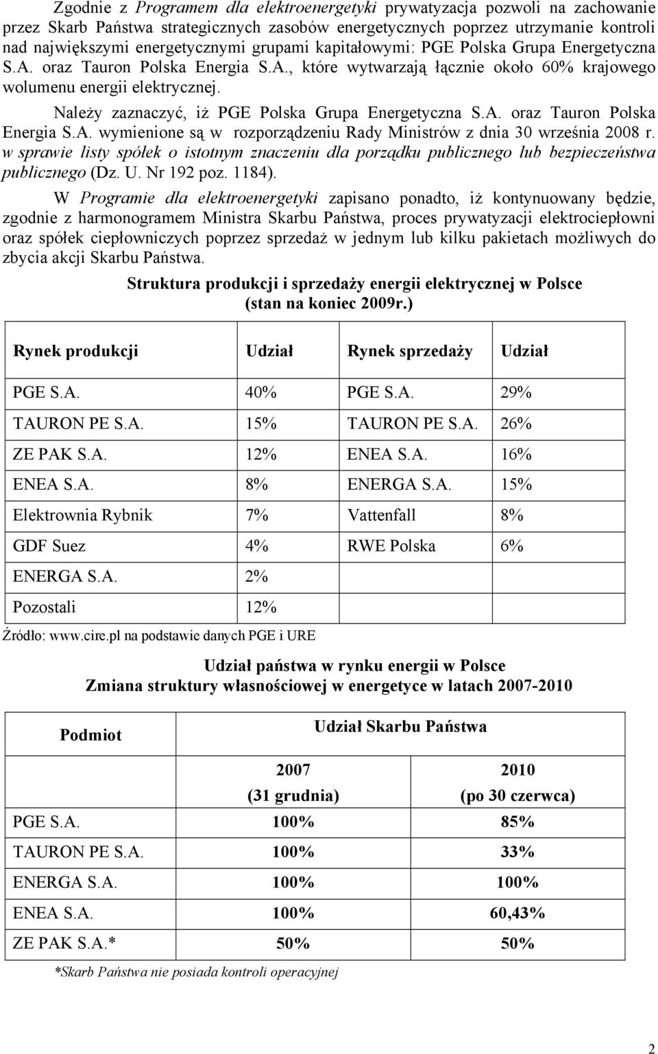 Należy zaznaczyć, iż PGE Polska Grupa Energetyczna S.A. oraz Tauron Polska Energia S.A. wymienione są w rozporządzeniu Rady Ministrów z dnia 30 września 2008 r.