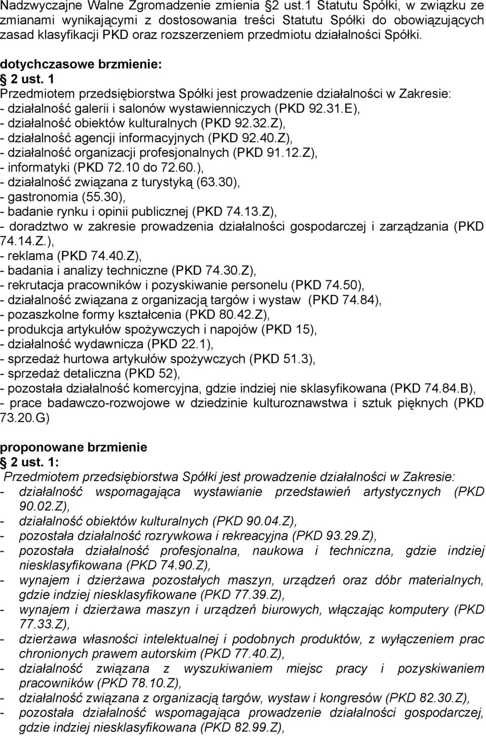 dotychczasowe brzmienie: 2 ust. 1 Przedmiotem przedsiębiorstwa Spółki jest prowadzenie działalności w Zakresie: - działalność galerii i salonów wystawienniczych (PKD 92.31.