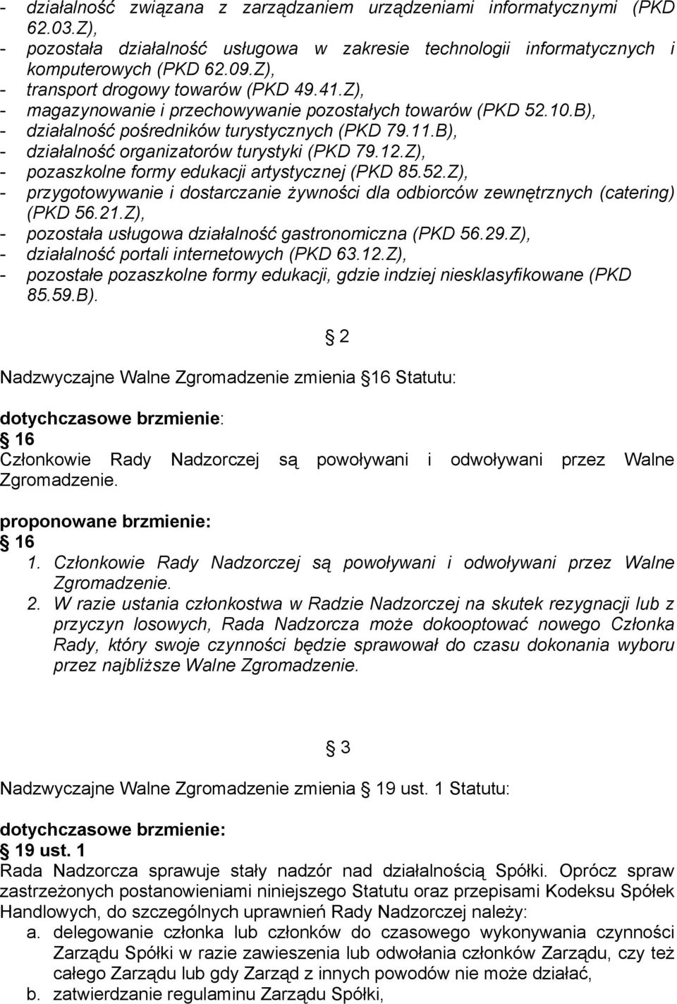 B), - działalność organizatorów turystyki (PKD 79.12.Z), - pozaszkolne formy edukacji artystycznej (PKD 85.52.