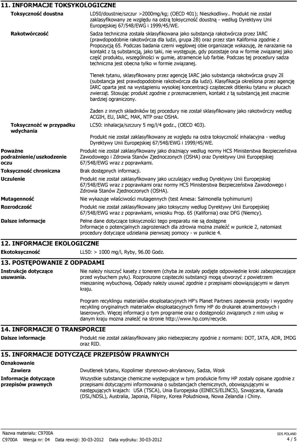 Sadza techniczna została sklasyfikowana jako substancja rakotwórcza przez IARC (prawdopodobnie rakotwórcza dla ludzi, grupa 2B) oraz przez stan Kalifornia zgodnie z Propozycją 65.