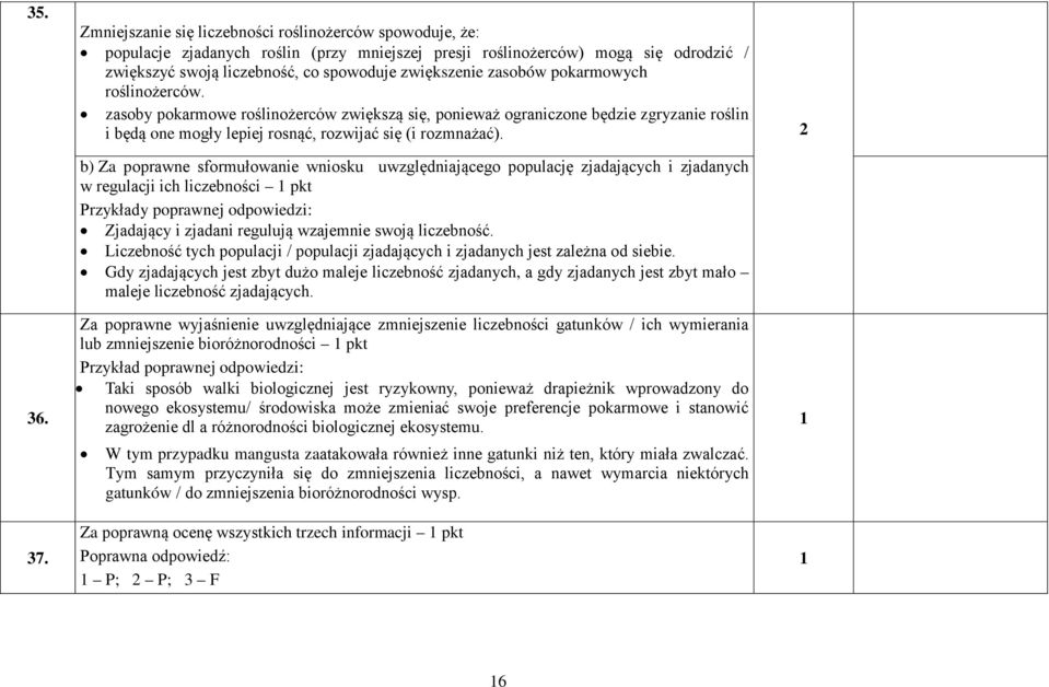 b) Za poprawne sformułowanie wniosku uwzględniającego populację zjadających i zjadanych w regulacji ich liczebności pkt Zjadający i zjadani regulują wzajemnie swoją liczebność.