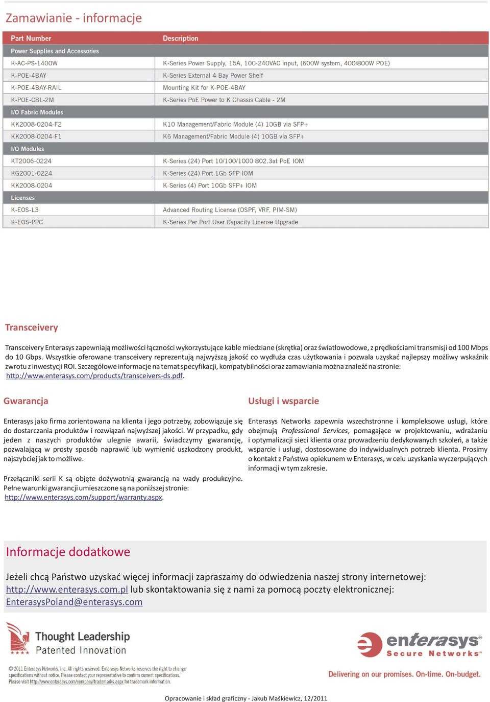 Szczegółowe informacje na temat specyfikacji, kompatybilności oraz zamawiania można znaleźć na stronie: http://www.enterasys.com/ products/ transceivers-ds.pdf.