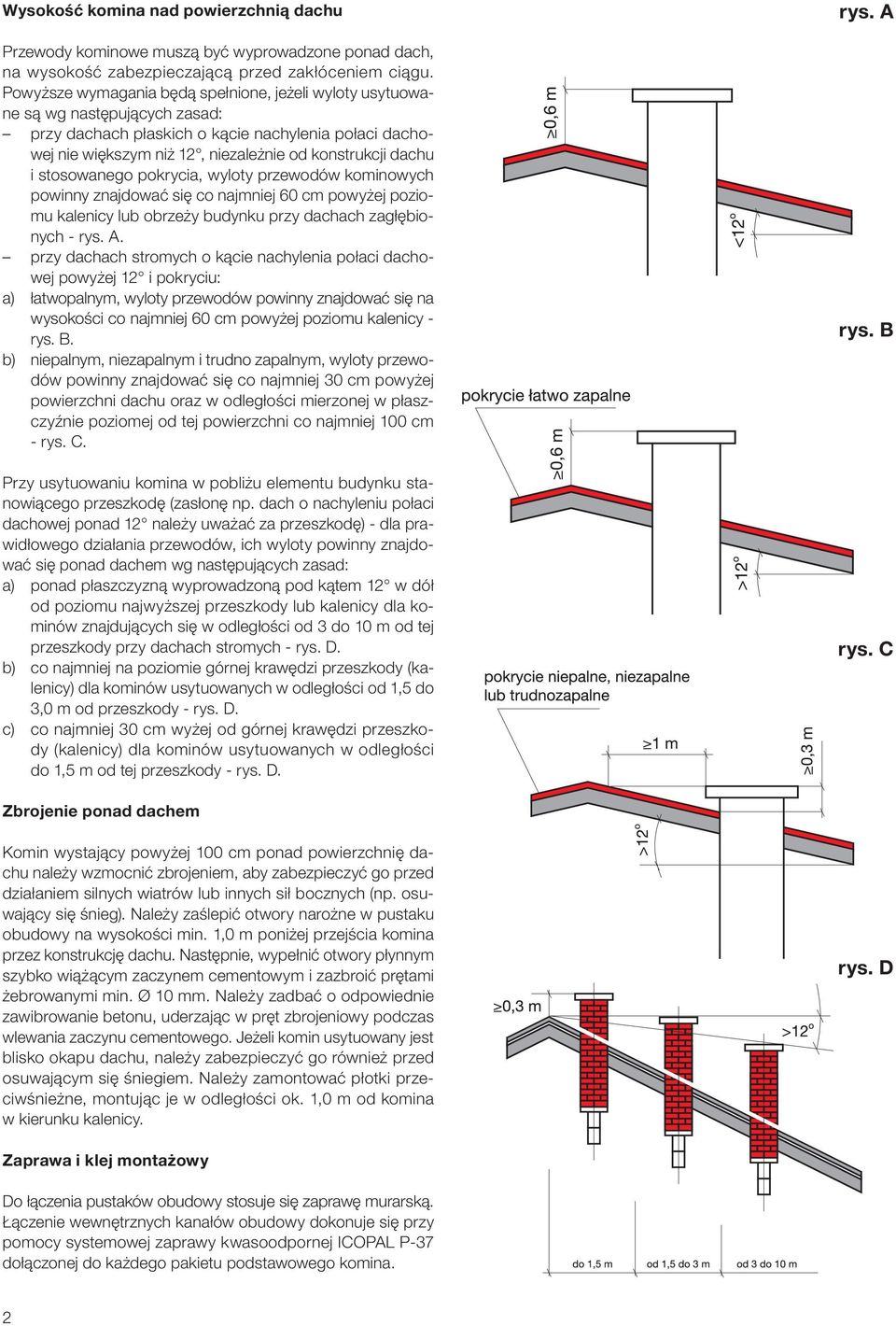 stosowanego pokrycia, wyloty przewodów kominowych powinny znajdować się co najmniej 60 cm powyżej poziomu kalenicy lub obrzeży budynku przy dachach zagłębionych - rys. A.