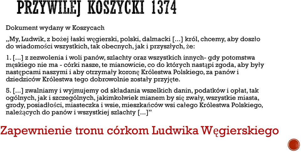 ..] z zezwolenia i woli panów, szlachty oraz wszystkich innych- gdy potomstwa męskiego nie ma - córki nasze, te mianowicie, co do których nastąpi zgoda, aby były następcami naszymi i aby otrzymały