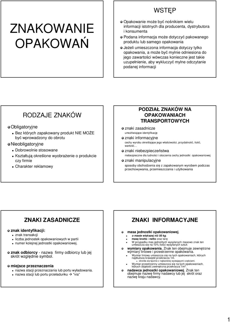 RODZAJE ZNAKÓW Obligatoryjne Bez których zapakowany produkt NIE MOŻE być wprowadzony do obrotu Nieobligatoryjne Dobrowolnie stosowane Kształtują określone wyobrażenie o produkcie czy firmie Charakter
