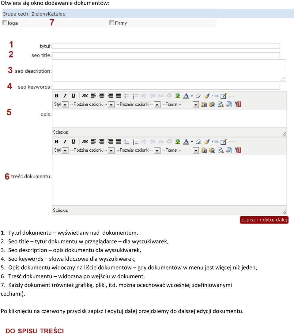 Seo keywords słowa kluczowe dla wyszukiwarek, 5. Opis dokumentu widoczny na liście dokumentów gdy dokumentów w menu jest więcej niż jeden, 6.