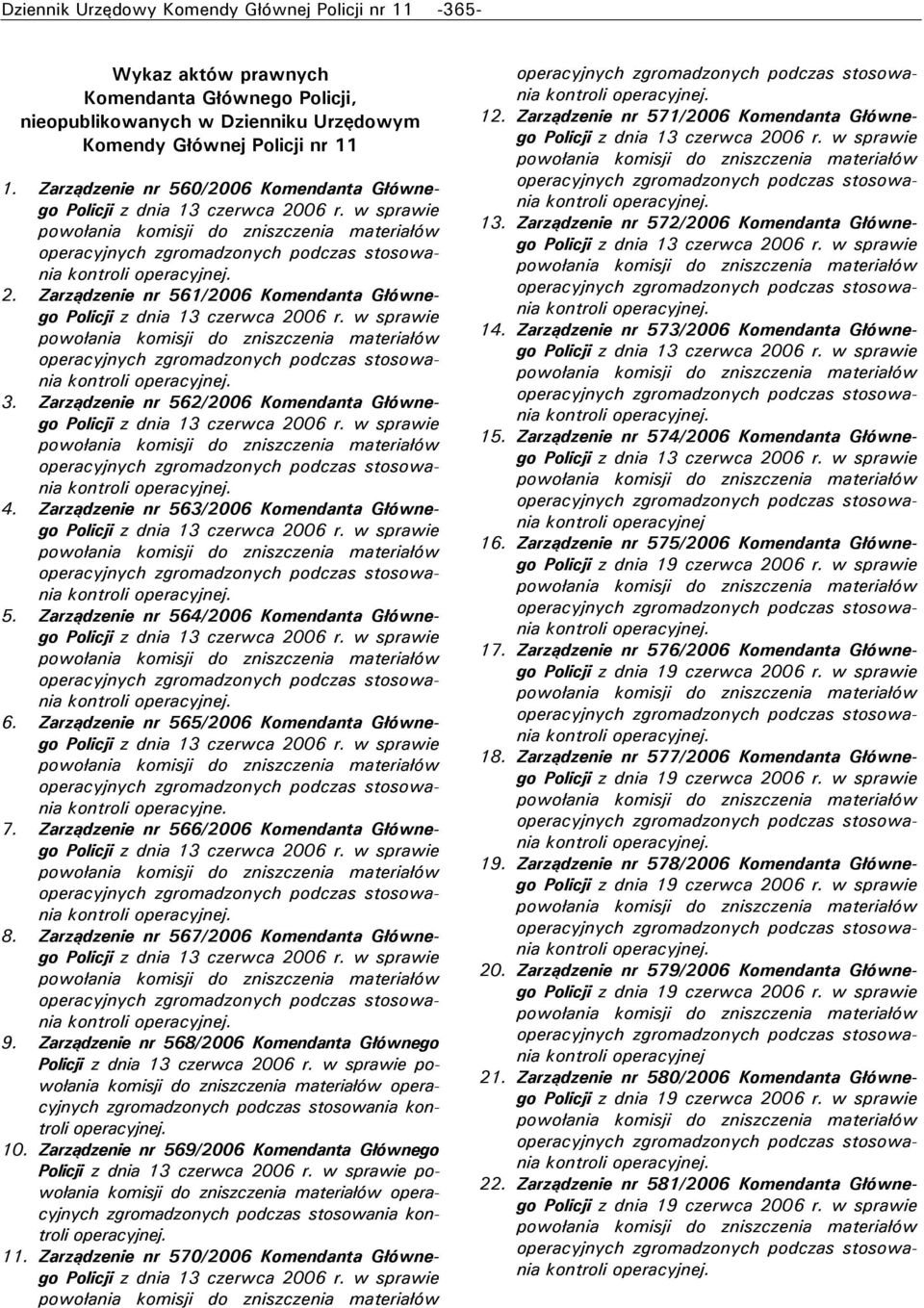 Zarządzenie nr 564/2006 Komendanta Głównego 6. Zarządzenie nr 565/2006 Komendanta Głównego kontroli operacyjne. 7. Zarządzenie nr 566/2006 Komendanta Głównego 8.