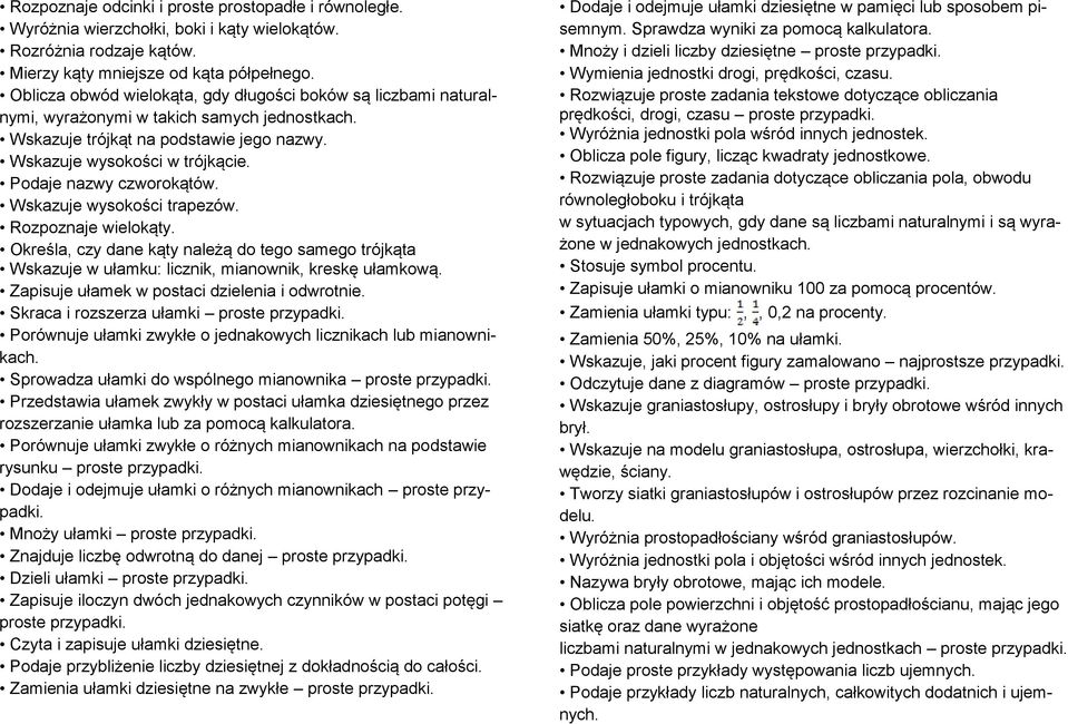 Podaje nazwy czworokątów. Wskazuje wysokości trapezów. Rozpoznaje wielokąty. Określa, czy dane kąty należą do tego samego trójkąta Wskazuje w ułamku: licznik, mianownik, kreskę ułamkową.