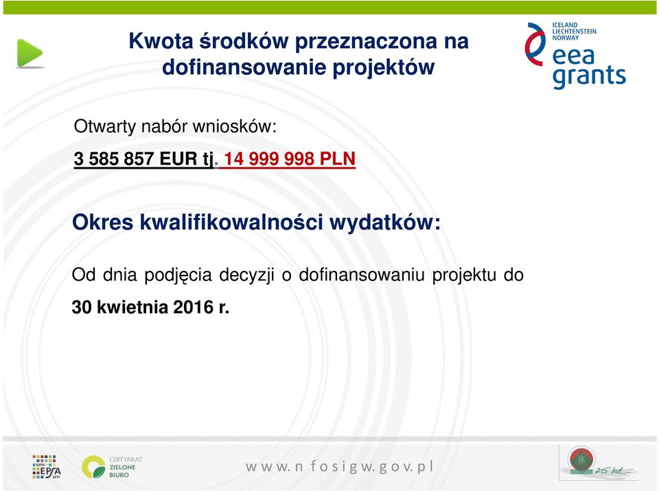 14 999 998 PLN Okres kwalifikowalności wydatków: Od