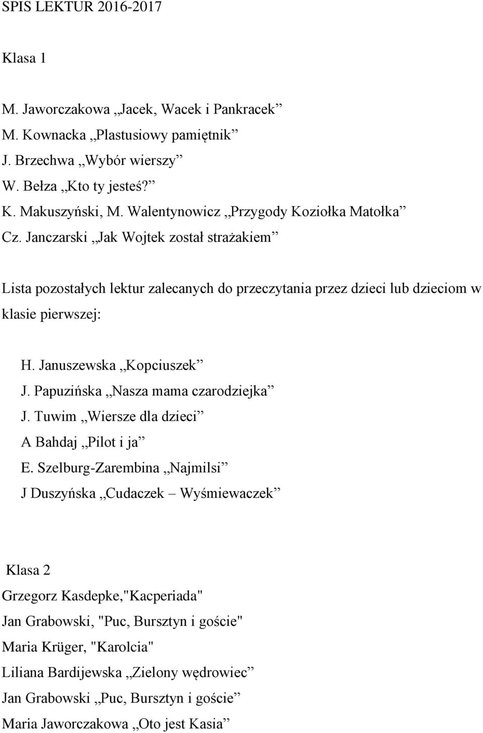 Januszewska Kopciuszek J. Papuzińska Nasza mama czarodziejka J. Tuwim Wiersze dla dzieci A Bahdaj Pilot i ja E.