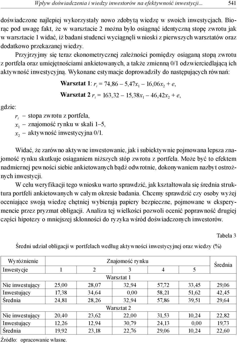 wiedzy. Przyjrzyjmy się teraz ekonometrycznej zależności pomiędzy osiąganą stopą zwrotu z oraz umiejętnościami ankietowanych, a także zmienną 0/1 odzwierciedlającą ich aktywność inwestycyjną.