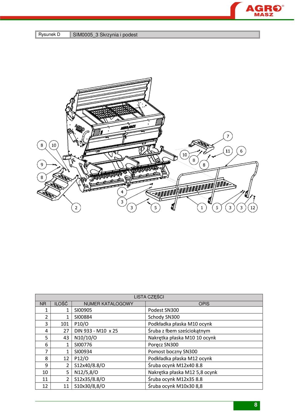 SN300 7 1 SI00934 Pomost boczny SN300 8 12 P12/O Podkładka płaska M12 ocynk 9 2 S12x40/8.8/O Śruba ocynk M12x40 8.
