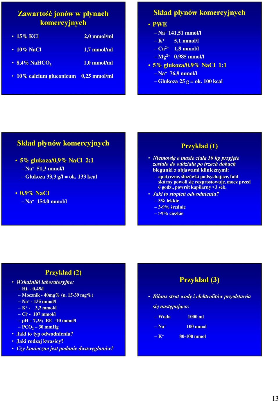 100 kcal Skład płynów komercyjnych 5% glukoza/0,9% NaCl 2:1 Na + 51,3 mmol/l Glukoza 33,3 g/l = ok.