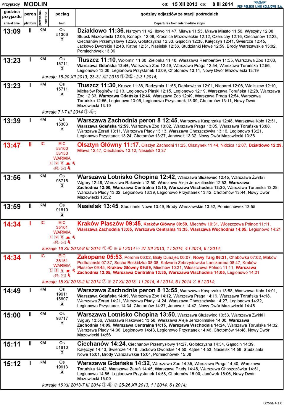 Gołotczyzna 12:33, Gąsocin 12:38, Kałęczyn 12:41, Świercze 12:45, Jackowo Dworskie 12:48, Kątne 12:51, Nasielsk 12:56, Studzianki Nowe 12:59, Brody Warszawskie 13:02, Pomiechówek 13:06 Tłuszcz 11:10,