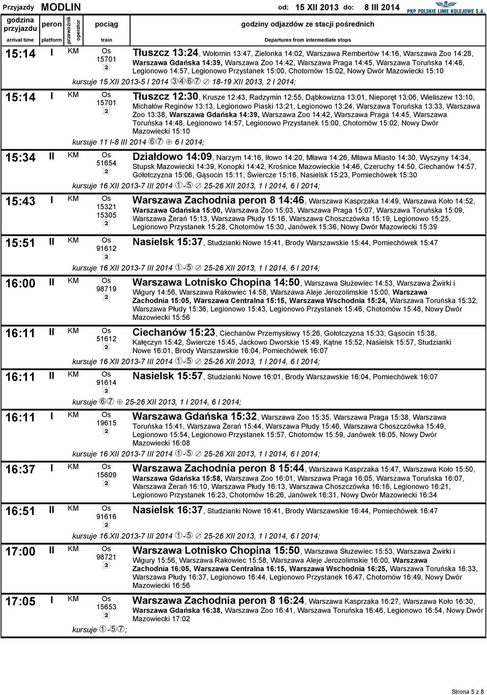 Zielonka 14:02, Warszawa Rembertów 14:16, Warszawa Zoo 14:28, Warszawa Gdańska 14:39, Warszawa Zoo 14:42, Warszawa Praga 14:45, Warszawa Toruńska 14:48, Legionowo 14:57, Legionowo Przystanek 15:00,
