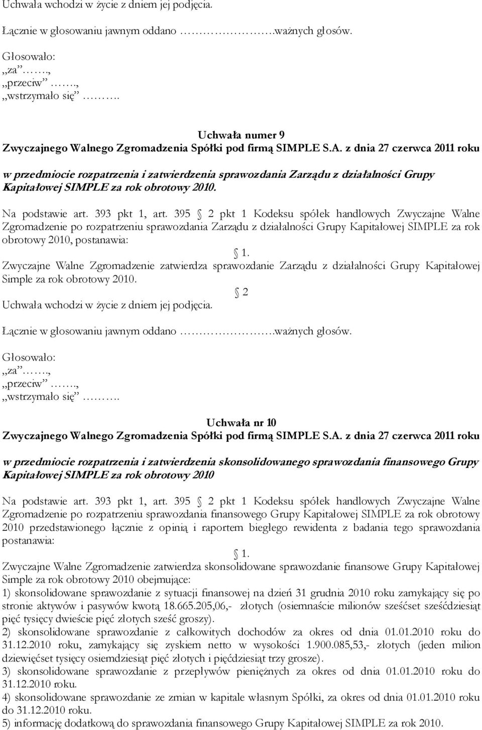 395 pkt 1 Kodeksu spółek handlowych Zwyczajne Walne Zgromadzenie po rozpatrzeniu sprawozdania Zarządu z działalności Grupy Kapitałowej SIMPLE za rok obrotowy 2010, postanawia: Zwyczajne Walne