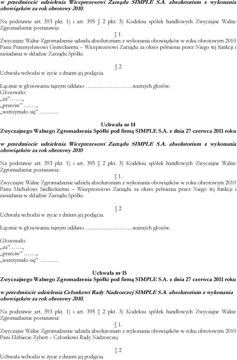 Wiceprezesowi Zarządu za okres pełnienia przez Niego tej funkcji i zasiadania w składzie Zarządu Spółki. Uchwała nr 14 w przedmiocie udzielenia Wiceprezesowi Zarządu SIMPLE S.A.