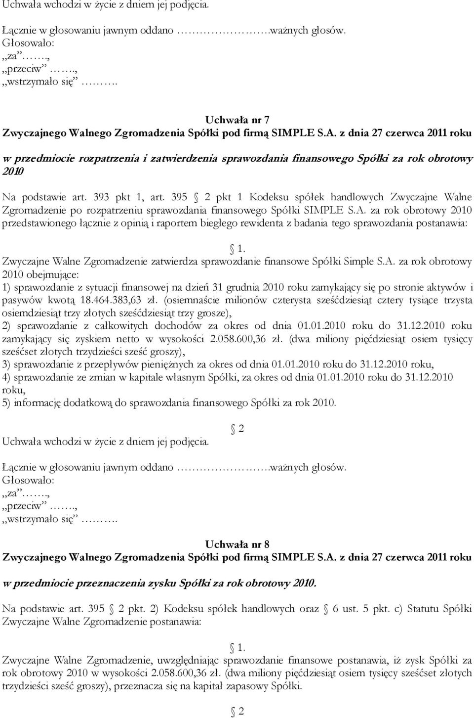 za rok obrotowy 2010 przedstawionego łącznie z opinią i raportem biegłego rewidenta z badania tego sprawozdania postanawia: Zwyczajne Walne Zgromadzenie zatwierdza sprawozdanie finansowe Spółki