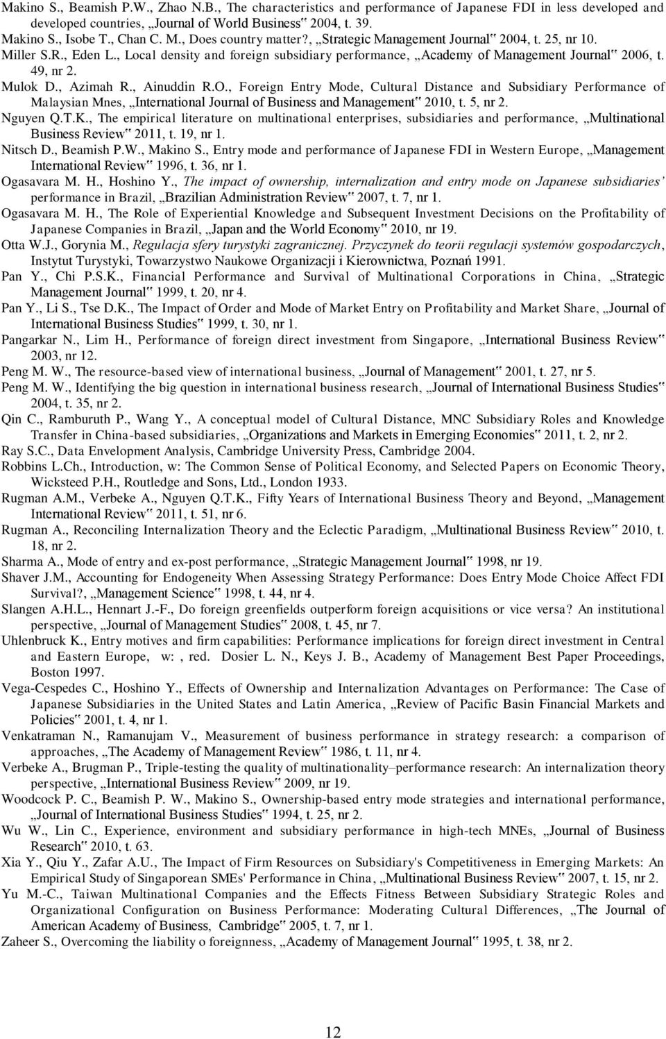 Mulok D., Azimah R., Ainuddin R.O., Foreign Entry Mode, Cultural Distance and Subsidiary Performance of Malaysian Mnes, International Journal of Business and Management 2010, t. 5, nr 2. Nguyen Q.T.K.