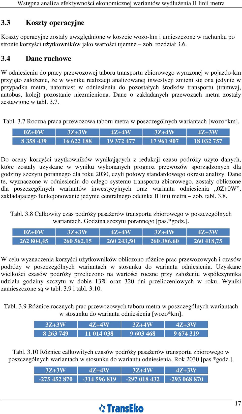 przypadku metra, natomiast w odniesieniu do pozostałych środków transportu (tramwaj, autobus, kolej) pozostanie niezmieniona. Dane o zakładanych przewozach metra zostały zestawione w tabl. 3.7. Tabl.