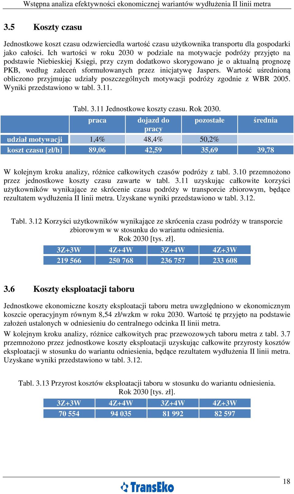 inicjatywę Jaspers. Wartość uśrednioną obliczono przyjmując udziały poszczególnych motywacji podróży zgodnie z WBR 2005. Wyniki przedstawiono w tabl. 3.11. Tabl. 3.11 Jednostkowe koszty czasu.