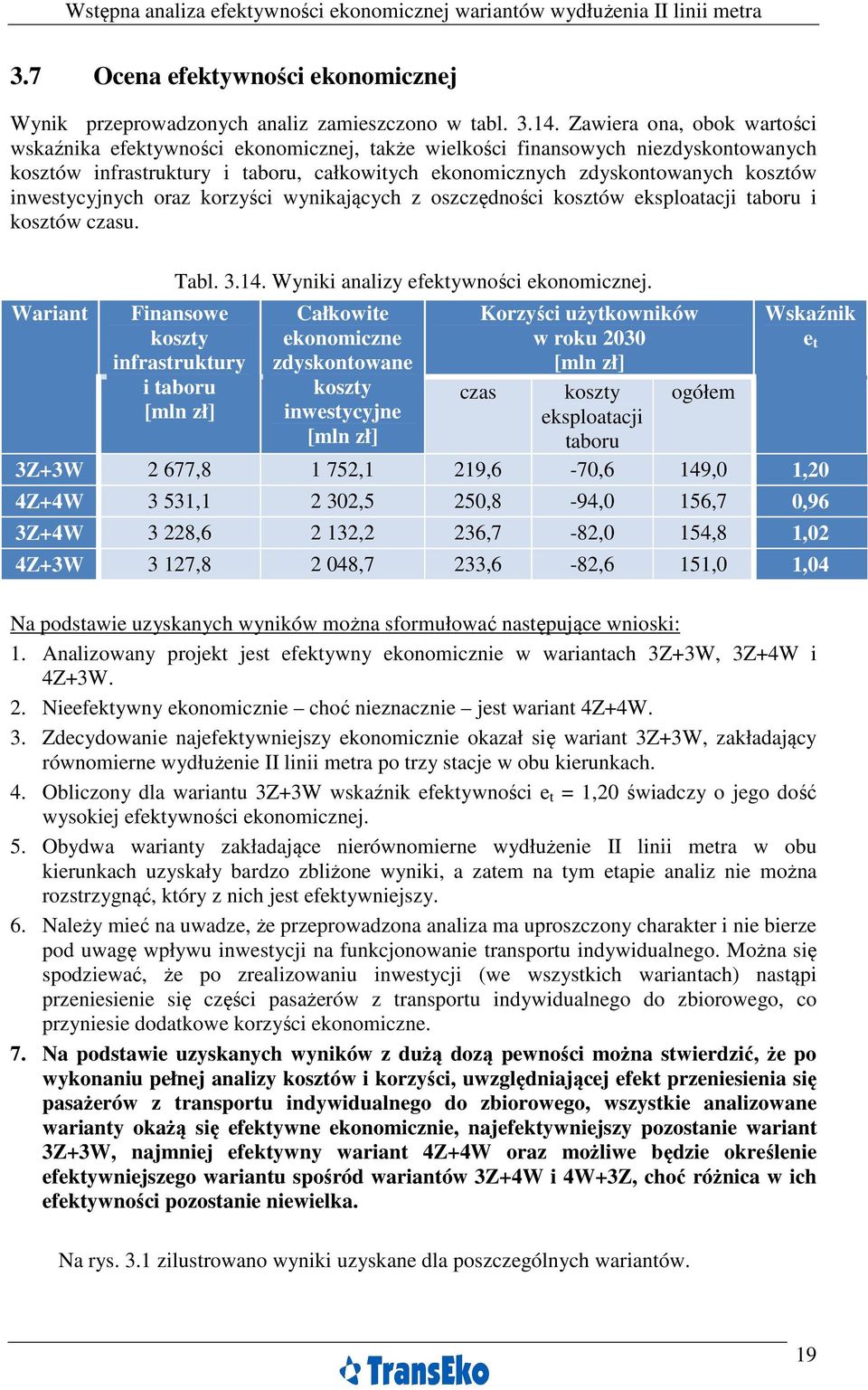 inwestycyjnych oraz korzyści wynikających z oszczędności kosztów eksploatacji taboru i kosztów czasu. Wariant Tabl. 3.14. Wyniki analizy efektywności ekonomicznej.