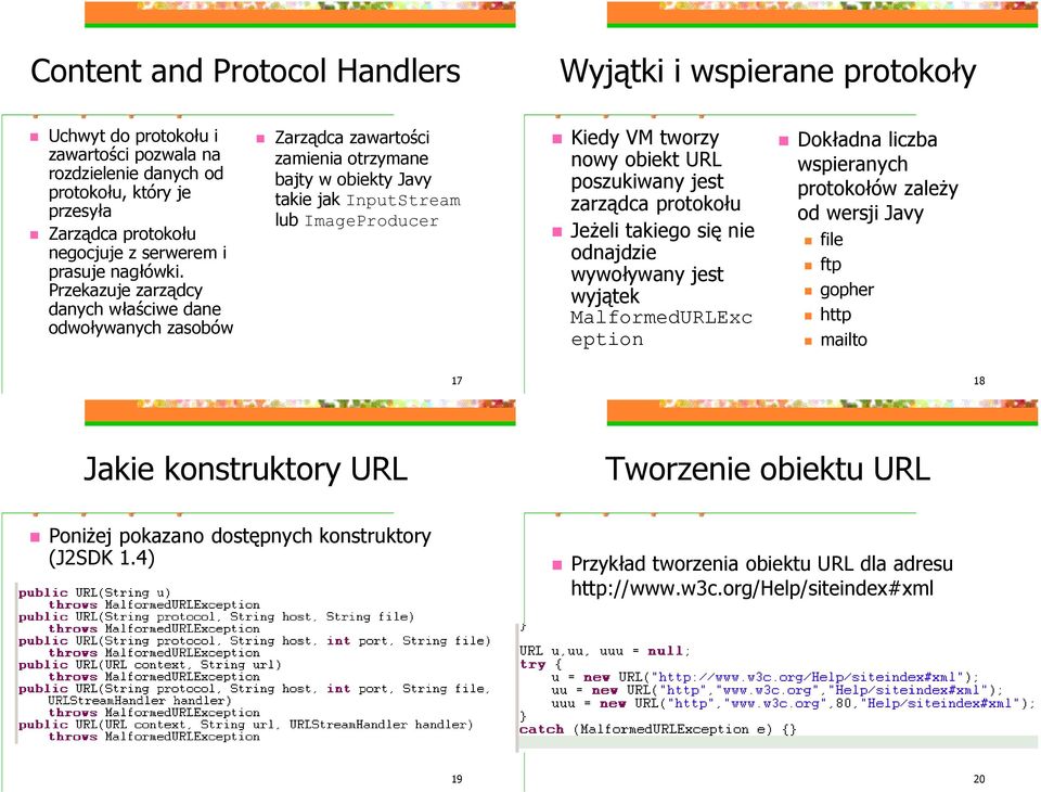 Przekazuje zarzćdcy danych wóasciwe dane odwoóywanych zasobo w Zarzćdca zawartosci zamienia otrzymane bajty w obiekty Javy takie jak InputStream lub ImageProducer Kiedy VM tworzy nowy obiekt URL