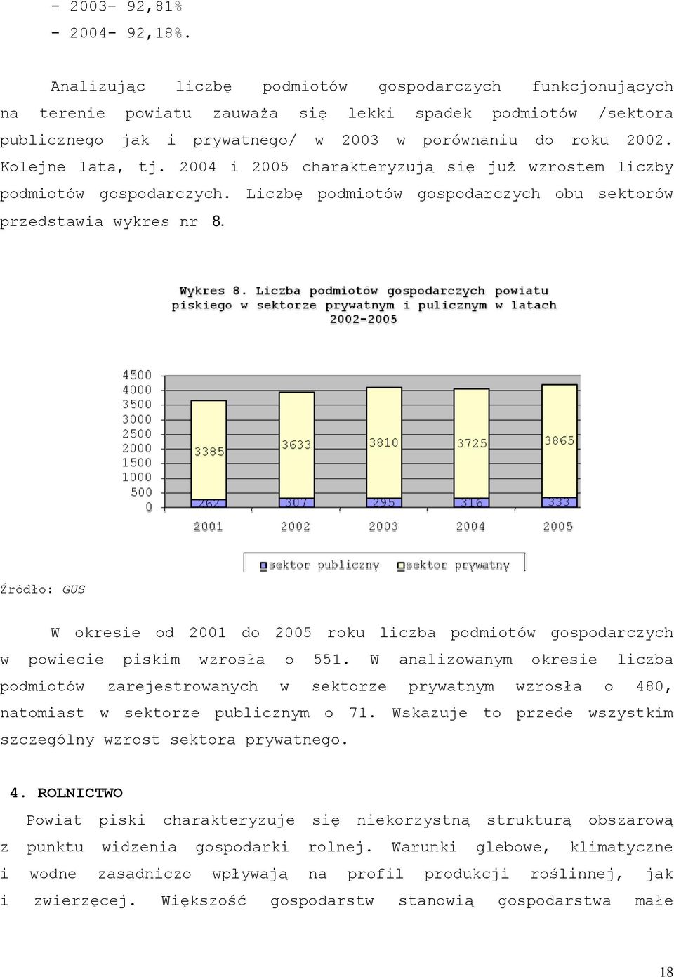 Kolejne lata, tj. 2004 i 2005 charakteryzują się już wzrostem liczby podmiotów gospodarczych. Liczbę podmiotów gospodarczych obu sektorów przedstawia wykres nr 8.