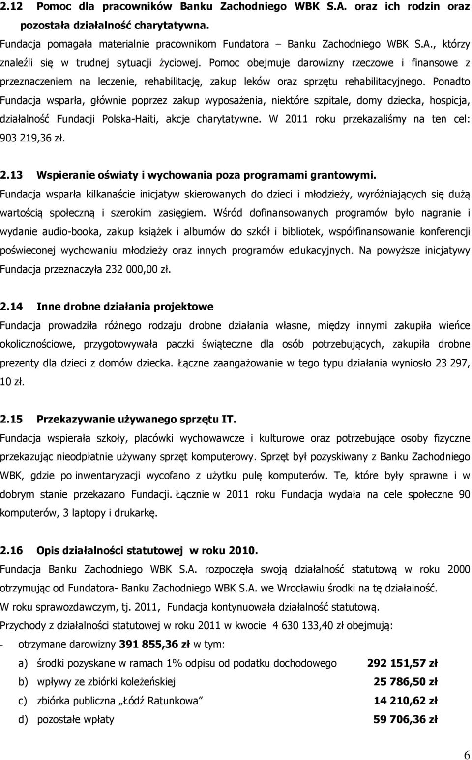 Ponadto Fundacja wsparła, głównie poprzez zakup wyposażenia, niektóre szpitale, domy dziecka, hospicja, działalność Fundacji Polska-Haiti, akcje charytatywne.