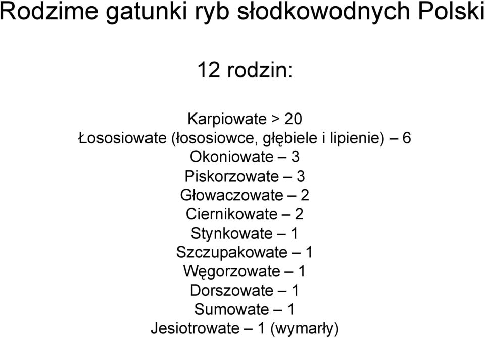 Piskorzowate 3 Głowaczowate 2 Ciernikowate 2 Stynkowate 1