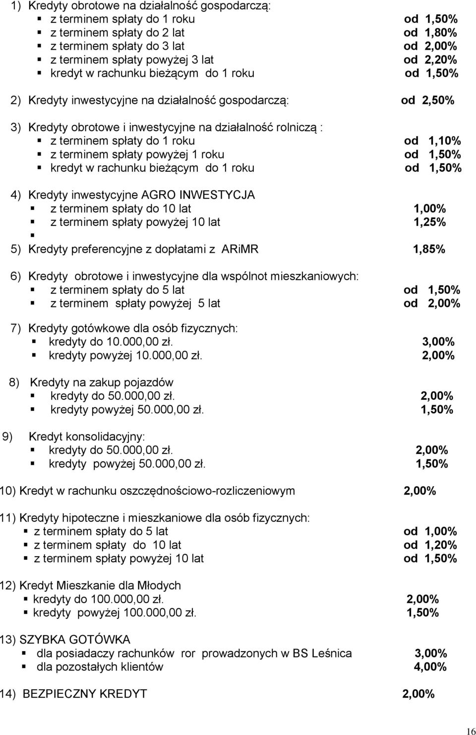 1,10% z terminem spłaty powyżej 1 roku od 1,50% kredyt w rachunku bieżącym do 1 roku od 1,50% 4) Kredyty inwestycyjne AGRO INWESTYCJA z terminem spłaty do 10 lat 1,00% z terminem spłaty powyżej 10