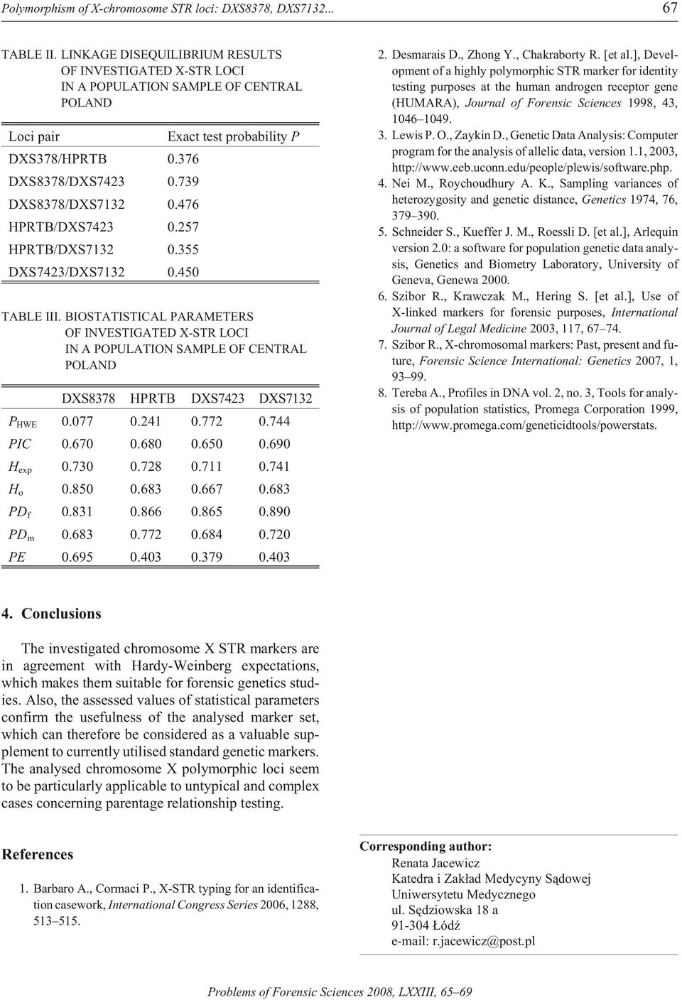 BIOSTATISTICAL PARAMETERS OF INVESTIGATED X-STR LOCI IN A POPULATION SAMPLE OF CENTRAL DXS8378 HPRTB DXS7423 DXS7132 P HWE 0.077 0.241 0.772 0.744 PIC 0.670 0.680 0.650 0.690 H exp 0.730 0.728 0.