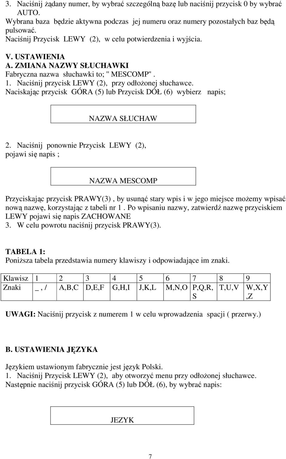 Naciskając przycisk GÓRA (5) lub Przycisk DÓŁ (6) wybierz napis; NAZWA SŁUCHAW 2.