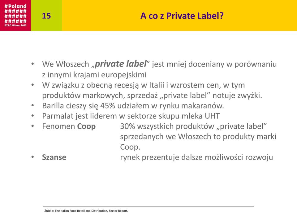cen, w tym produktów markowych, sprzedaż private label notuje zwyżki. Barilla cieszy się 45% udziałem w rynku makaranów.